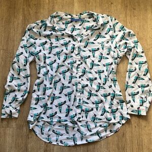 Apt. 9 Hummingbird Print Button Down Blouse 2X XXL Teal Bird Top